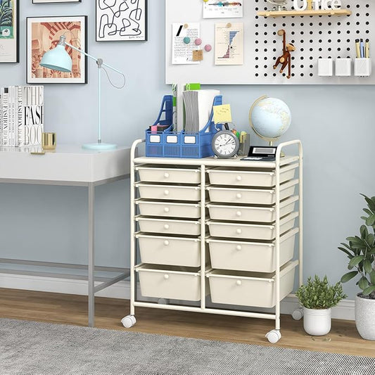 Happygrill 12-Drawer Rolling Storage Cart, Multipurpose Storage Cart W/Lockable Wheels, 2 Sizes Plastic Drawers & Metal Shelf, Mobile Utility Cart for Home Office School (Ivory)