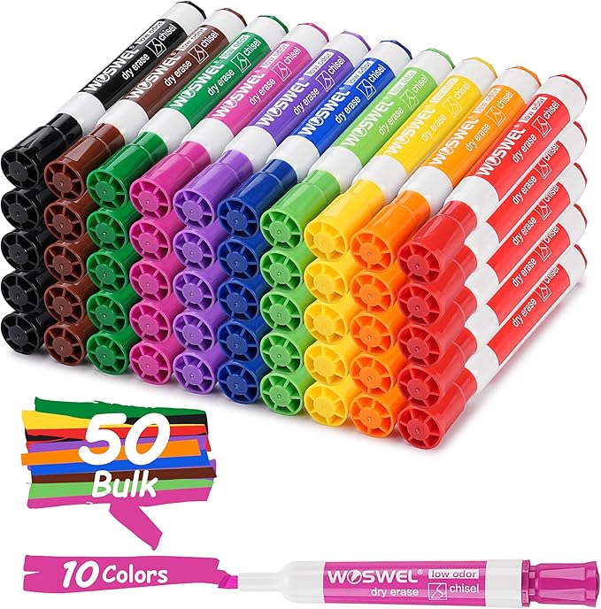 WOSWEL Dry Erase Markers, Chisel Tip Whiteboard Markers, Low Odor Thick Dry Markers, 50 Bulk 10 Assorted Colors for Teachers, Classroom, Office & Home Use