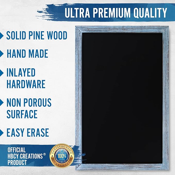 HBCY Creations 11" x 17" Rustic Blue Solid Wood Frame Wall Chalkboard, Magnetic Surface, Home Décor, Restaurant & Café Menus, Blackboard, Includes Chalk, Eraser & Hanging Hardware
