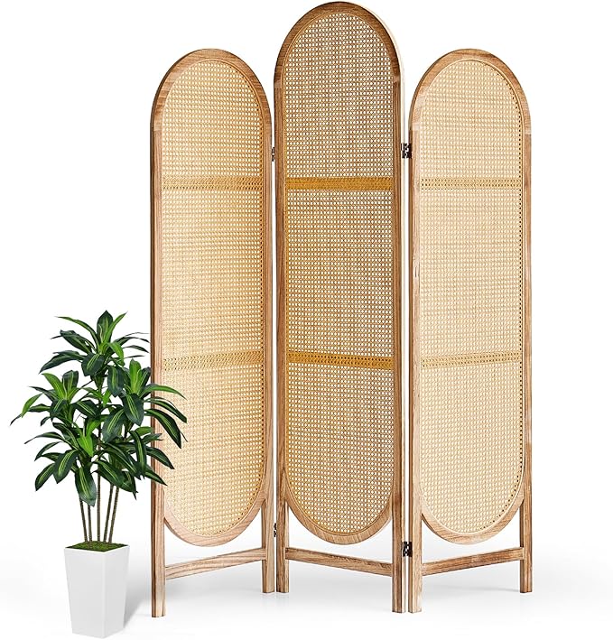 Asnefeli Room Divider 3 Panels, Hand-Woven Rattan Room Divider Wall, Foldable Wood Divider Screen, Creative Divider Wall, Folding Privacy Screens, Unique Design Privacy Divider Panel (Natural)