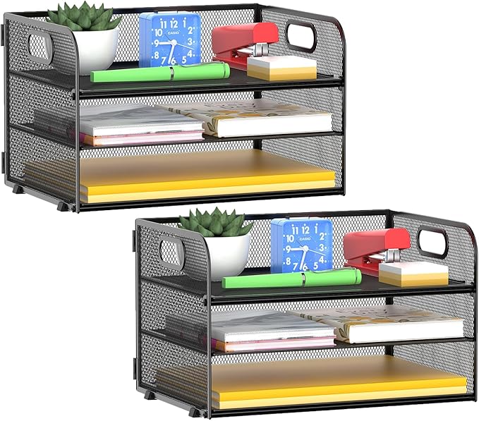 MINDEPOT 3-Tier Paper Letter Organizer Tray with Handle, Mesh Desk File Organizer for Office, Home, School - 2 Pack, Black