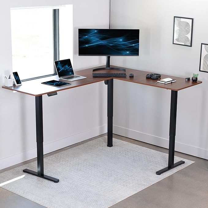 VIVO Electric Corner 75 x 63 inch L-Shaped Standing Desk, Memory Height Adjustment, Dark Walnut Top Black Frame, DESK-E3CTD-75