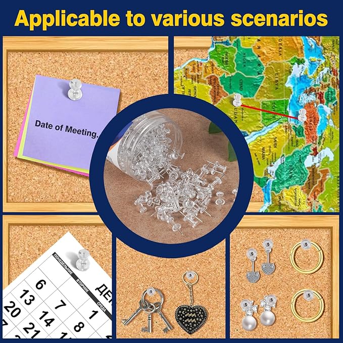 DANRONG 800 PCS Clear Push Pins, Standard Thumb Tacks for Bulletin Board, Steel Point and Clear Plastic Head, Pin Tacks for Wall Cork Board Maps Photos Calendar Hangings, Office School Supplies