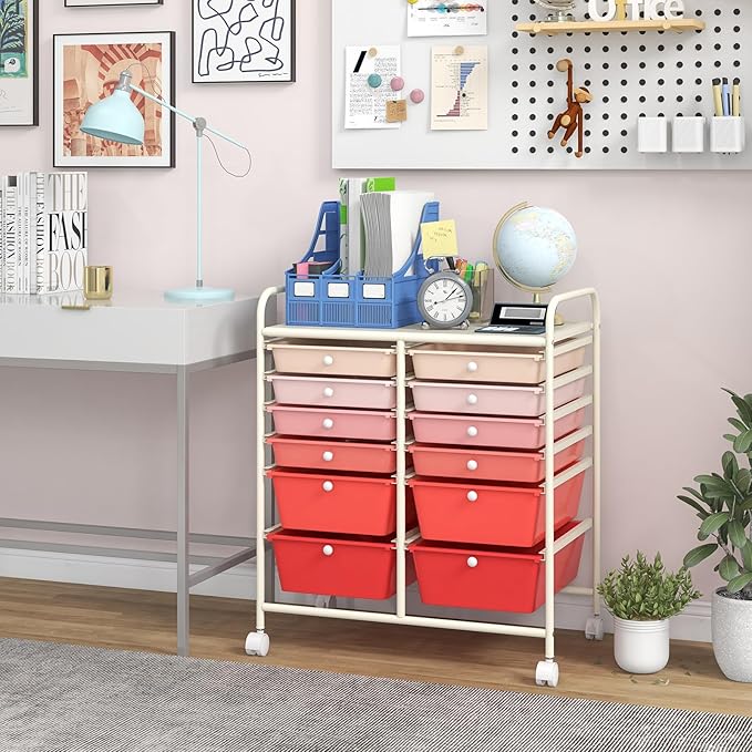 Giantex 12 Drawer Rolling Storage Cart Tools Scrapbook Paper Office School Organizer (Pink Gradient)
