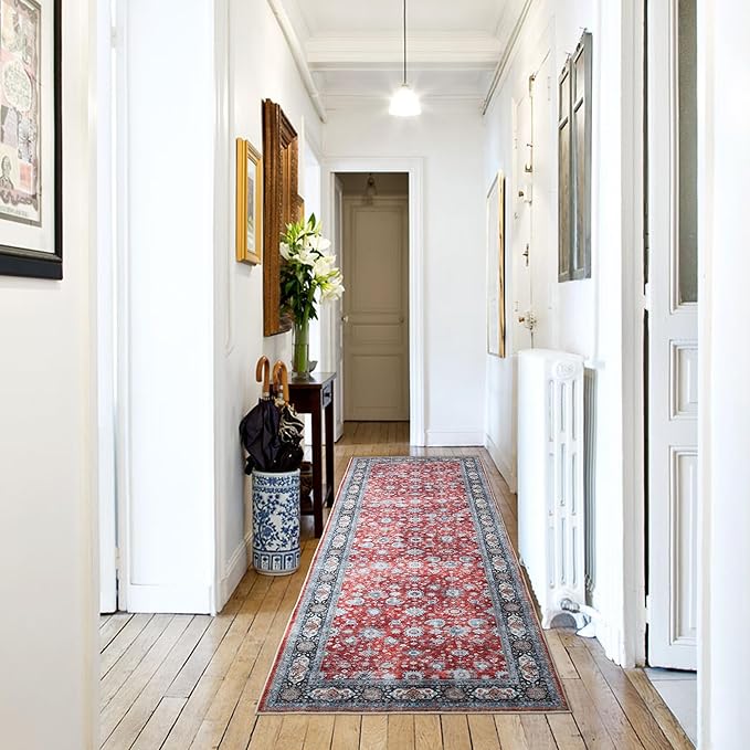 Rugcomf Runner Rug 2'x6' Hallway Rug Washable Boho Soft Area Rug Non-Slip Non-Shedding Faux Wool Vintage for Kitchen, Entryway, Laundry, Bedroom, Indoor (Red)