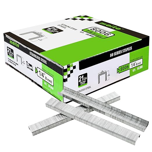 meite 21 Gauge 1/2-inch Crown Upholstery Staples,304 Stainless Steel with 1/4-inch Leg Length, Heavy Duty Staples for Staple Gun MT8016 (10,000 Counts)