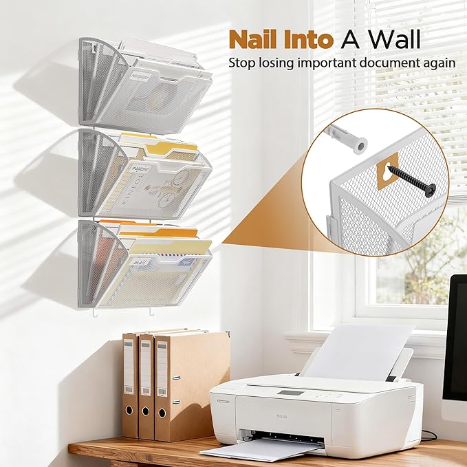 Docnest 3 Tier Mesh Wall File Holders with Hooks – 3 Pack Hanging Letter Holder - Document Organizer for Mail, Paper, Office, Home, School – Space-Saving Wall Mounted Folder Holder – White
