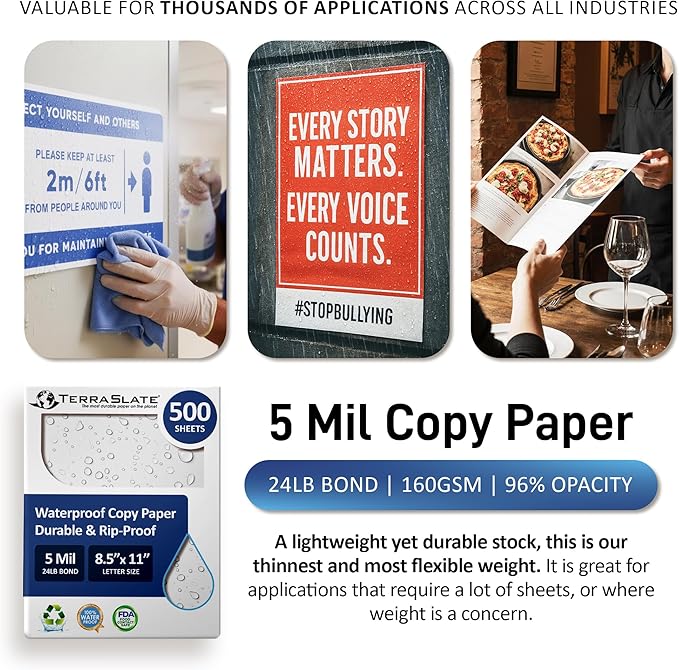 TerraSlate Copy Paper Waterproof Laser Printer, Rain Weatherproof, 5 Mil, 8.5x11-inch, 500 Sheets
