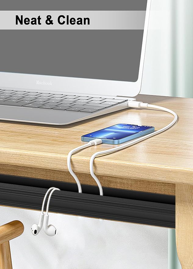 Under Desk Cable Management - Adhesive Cable Organizer for Home & Office, No-Drill Cord Management System, J Channel Cable Raceway for Desk, 6 Pack