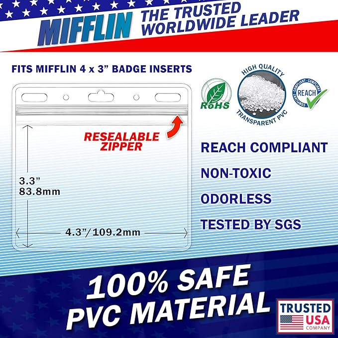 Mifflin-USA Horizontal Card Protector with Metal Clip and Vinyl Straps (Clear, 4x3 Inch, 25 Pack), Waterproof PVC ID Name Badge Holder with Clip
