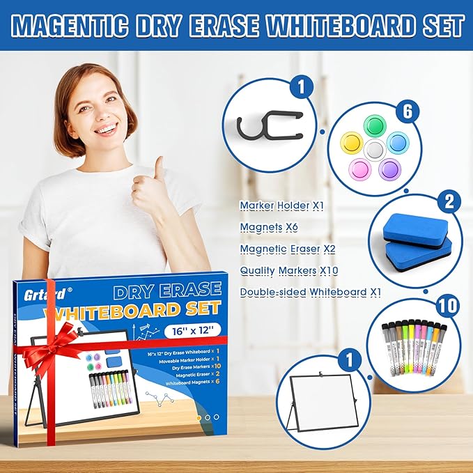 Grtard Dry Erase Magnetic White Board, 16''x12'' Double-Sided Desktop Whiteboard with Stand, Portable Small Whiteboard Set, Dry Erase Board for to-Do Lists, Drawing, Office, Home(Black)