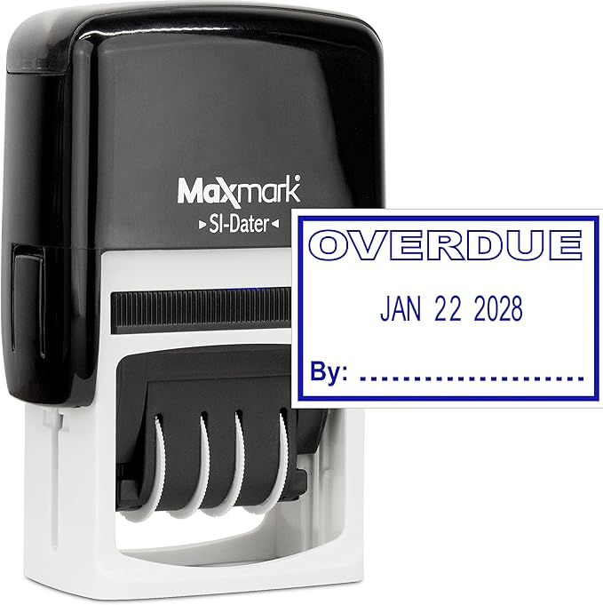 MaxMark Office Self Inking Date Stamp with Phrase Overdue - Blue Ink