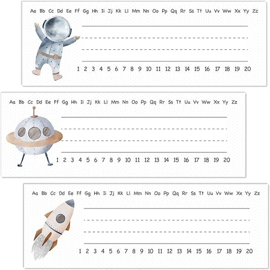Space-Themed Students Name Tags (30 Pack) - Astronaut & Rocket Designs - Classroom Desk Decor