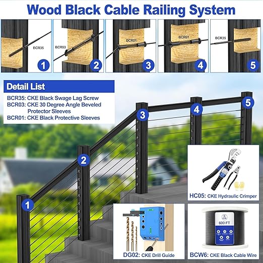 CKE 100 Pack T316 Stainless Steel Black Protector Sleeves for 1/8" 5/32" or 3/16" Cable Deck Stair Railing Kit System, Black Cable Railing Protective Sleeves for Wood Posts, DIY Balustrade, CR01-3/16