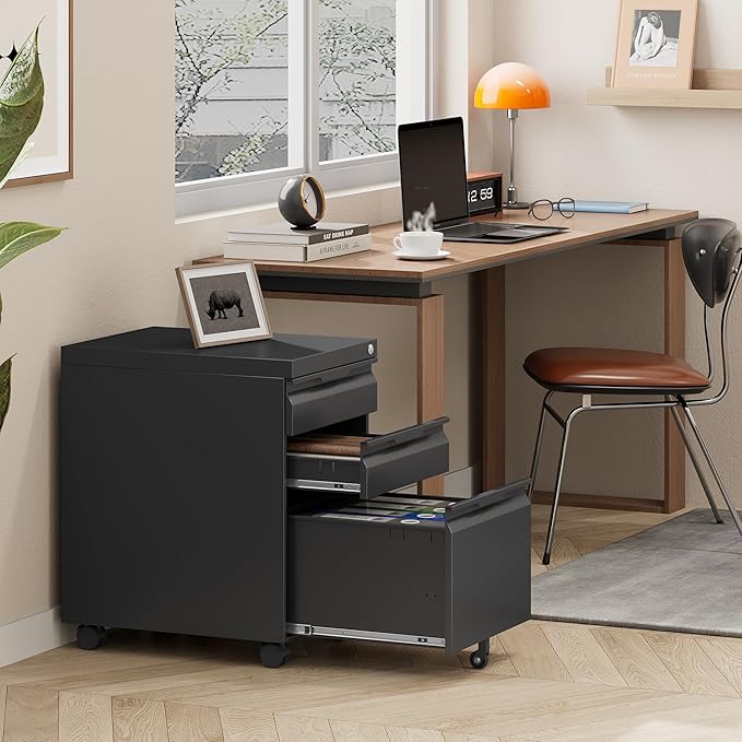 LONGLINK 3 Drawer Mobile File Cabinet with Lock,Under Desk Metal Filing Cabinets with Wheels for Home Office Organizer Letters/Legal/A4(Easy Assemble-Black)