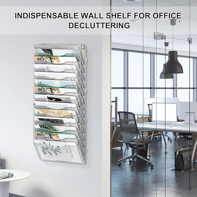 EasyPAG Wall File Organizer for Office 14 Pocket Mesh Wall Mounted Paper Organizer Hanging Folder Holder with Nametag Label for Home School, Silver