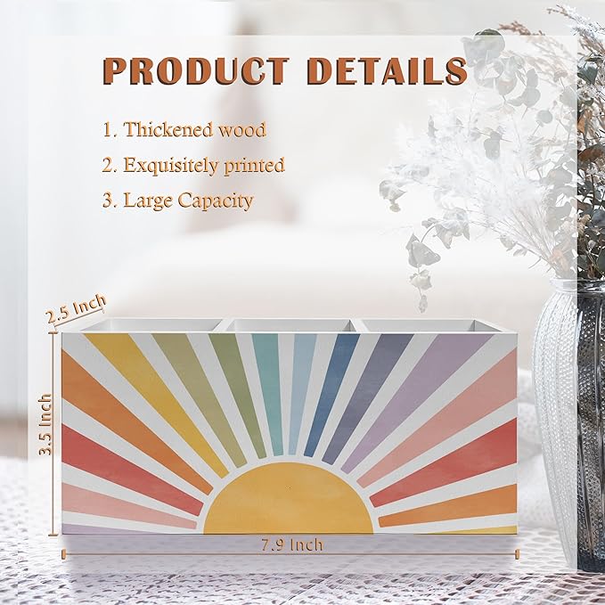 Exqcom Boho Colorful Sunshine Pen Pencil Holder, Boho Desk Office Decor, Retro Rainbow Sun Sunrise Sunset Pencil Pen Holder Organizer for Home Office Desk Accessories