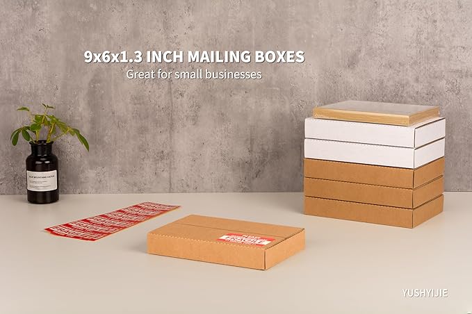 YUSHYIJIE 50 Pack 9x6x1.3 inch Small Shipping Boxes, Multi-Depth Flat Cardboard Boxes with Fragile Stickers for DVD Shipping, Packing, Moving, Storage, Brown