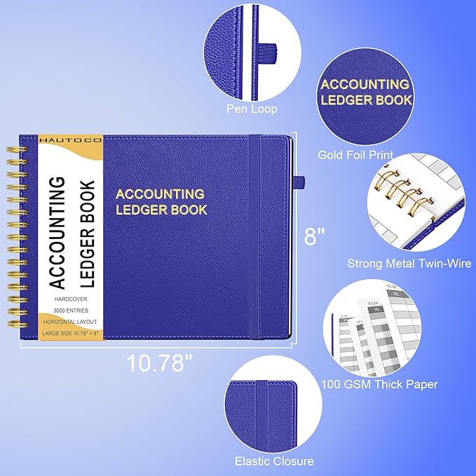 HAUTOCO Hardcover Accounting Ledger Book for Small Business Bookkeeping Horizontal Money Expense Tracker Notebook with 2 Storage Pouch, Personal Columnar Log Journal 10.78 x 8'', Navy Blue
