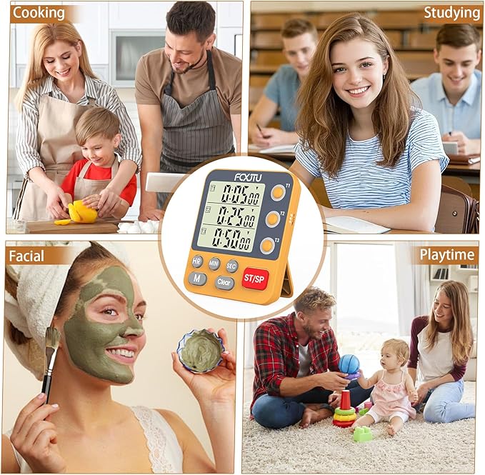 FCXJTU Digital Dual Triple Kitchen Timer, 3-Channel Magnetic Countdown Timer for Cooking, Large Display Stopwatch Multi Food Classroom Timer Loud Alarm for Seniors Teachers Battery Included (Orange)