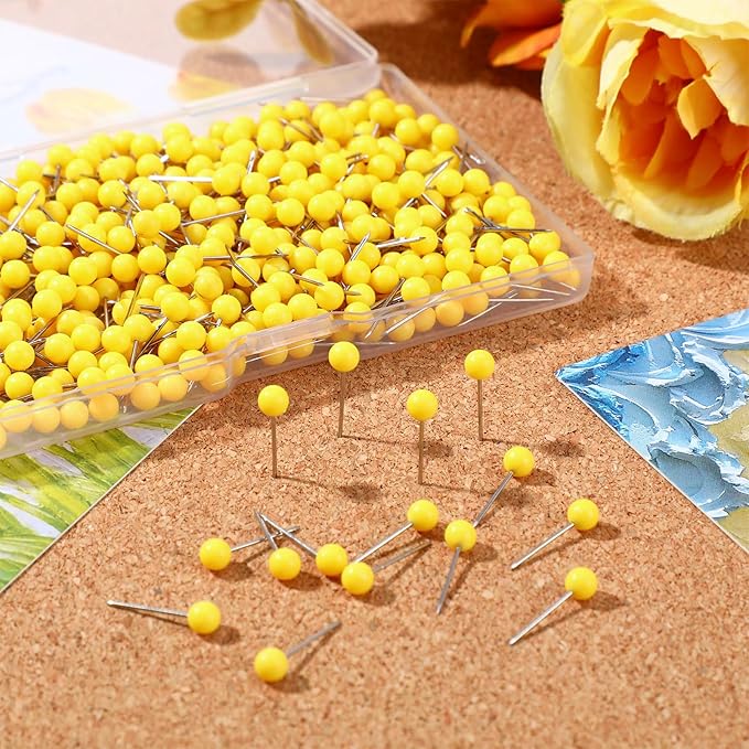 WILLBOND 500 Pack Map Push Pins Map Tacks Small Round Head Push Pins Thumb Tacks for Travel Picture Photo Bulletin Board Wall DIY Craft School Office Home(Yellow,1/6 Inch)