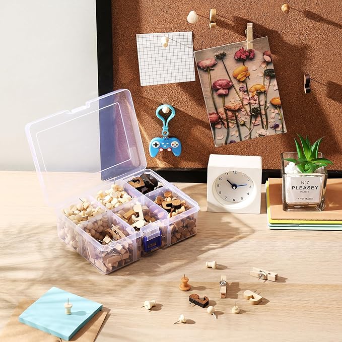 600 Pcs Decorative Push Pins, Wood Brown Thumb Tacks 6 Types Cute Push Pin Clips for Bulletin Board Wall Cork Board Colorful Classroom Decor Teacher Must Haves Supplies School Crafts Project