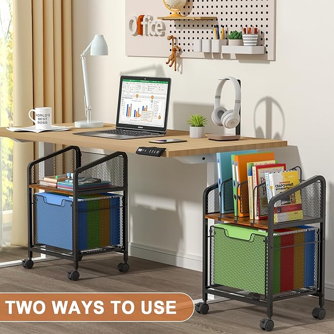 Tiaoheka Rolling File Cabinet with Adjustable Dividers, Vertical Filing Cabinet with Storage Drawer on Lockable Wheels, Hanging File Organizer Beside Under Desk for Office, Home（Patent Pending）
