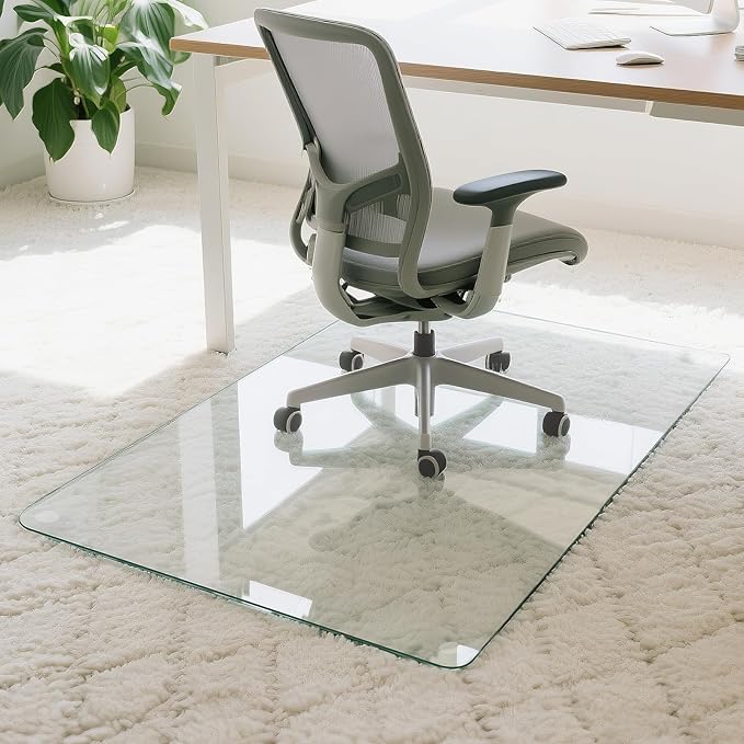 JAMBALAY 46″×36″ Tempered Glass Floor Mat, Heavy Duty Glass Office Chair Mat for Carpets or Hard Floors, Carpet Floor Mats with 12 Non Slip Pads for Easy Roll On, Thick 1/5″