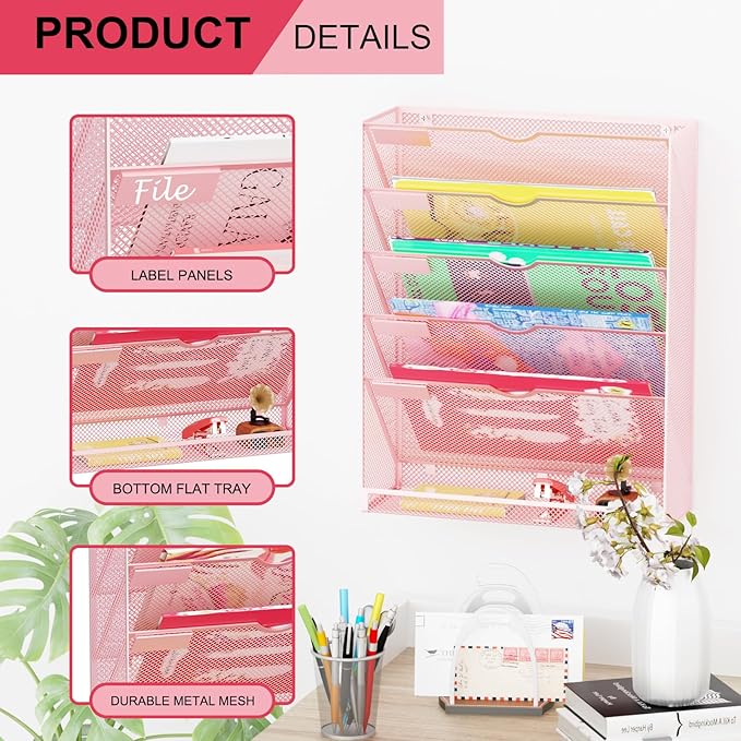 GDINDINFAN Hanging Wall File Organizer 6 Tier Wall Mounted Mail Paper Folder Holder Document Organization Stand, Vertical Desk Magazine Rack for Office Home Cubicle Countertop, Pink