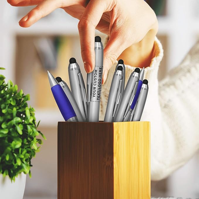 DISCOUNT PROMOS Custom Stylus Ballpoint Pens Set of 10, Personalized Bulk Pack - Black Ink, Great for Office, School, Business, Tradeshows, Events - Blue
