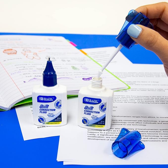 BAZIC Products Correction Liquid 2 in 1 (0.74 oz / 22 ml), Foam Brush & Precise Metal Tip Applicator, Instant Corrections Pen White Out Wipe Out Fluid, 24-Pack