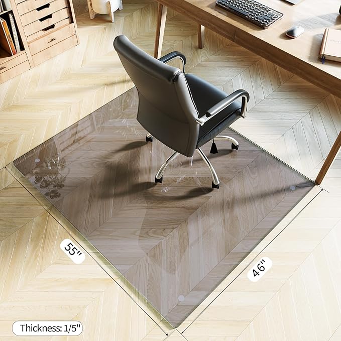 Koonmi Tempered Glass Chair Mat for Hardwood Floors & Carpets, 46" x 55“ Grey Heavy Duty Office Floor Protector, Scratch & Dust Concealing, Noise-Free for Home Office Desk