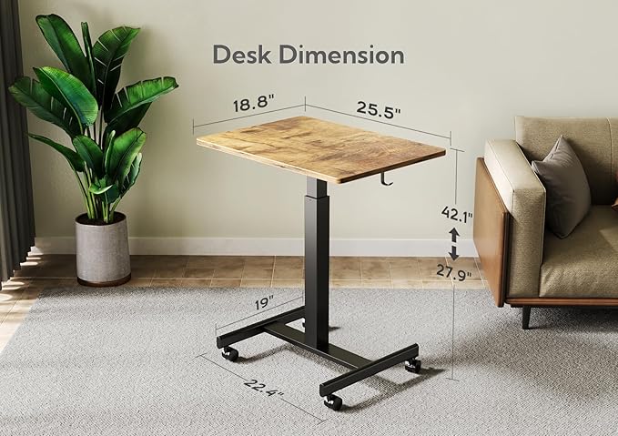 YDN Mobile Mobile Standing Desk with Lockable Wheels, Adjustable Height Portable Laptop Desk, 25.5" x 18.8" Rolling Desk with Hook for Computer Workstation, Rustic Brown