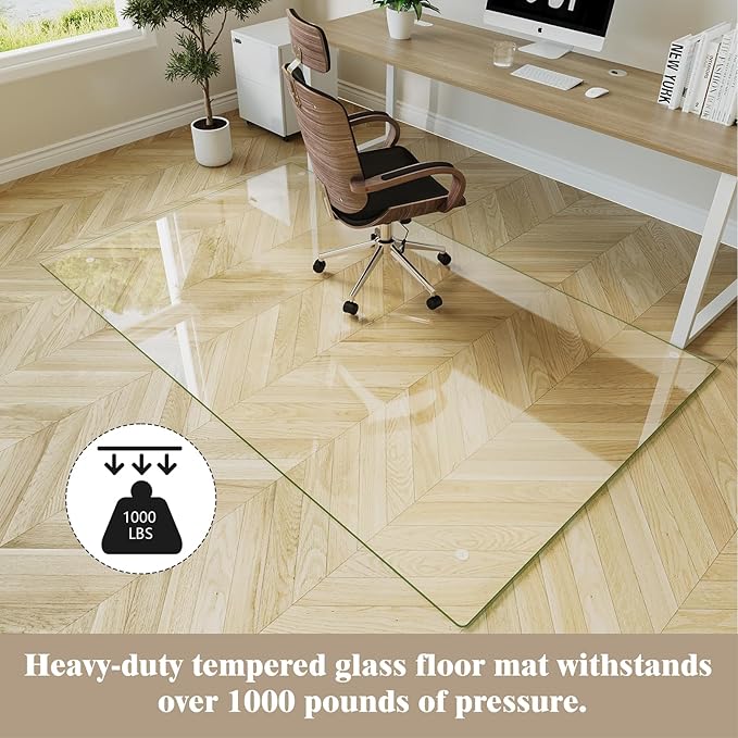 Koonmi Tempered Glass Chair Mat for Hardwood Floors & Carpets, 48" x 80“ Transparent Heavy Duty Office Floor Protector with Noise-Free Gliding Shatterproof for Home Office Desk