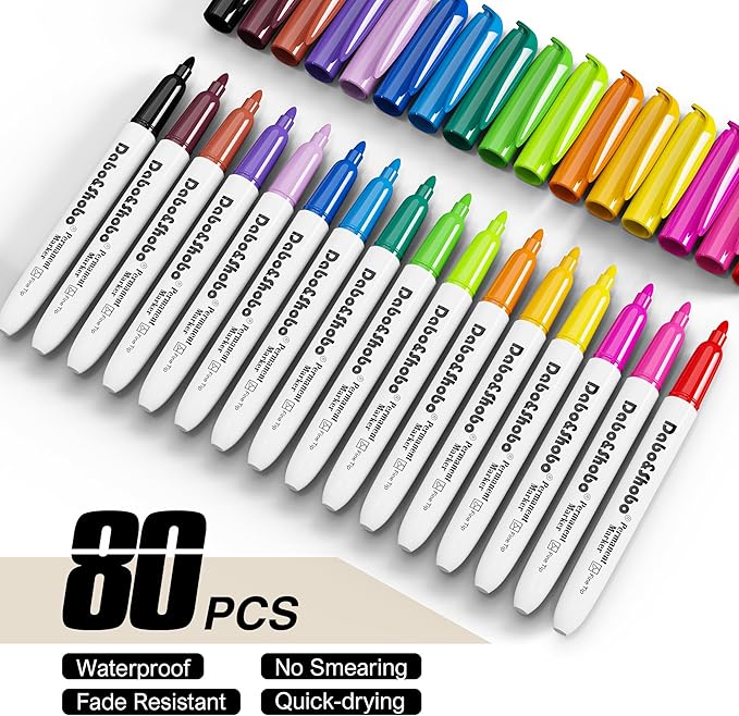 Dabo&Shobo 80 Pack Permanent Markers Assorted Colors, Fine Point, 16 Colors, Works on Plastic, Wood, Stone, Metal and Glass for Doodling, Coloring