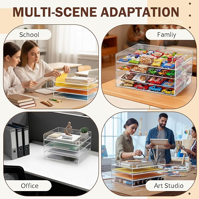 Harloon 4 Tier Acrylic Paper Tray 13 x 10 x 1.7 Inches Stackable Letter Clear Organizer No Need to Assemble Acrylic Paper File Organizer for Office Workspace Desktop Storage (Transparent)