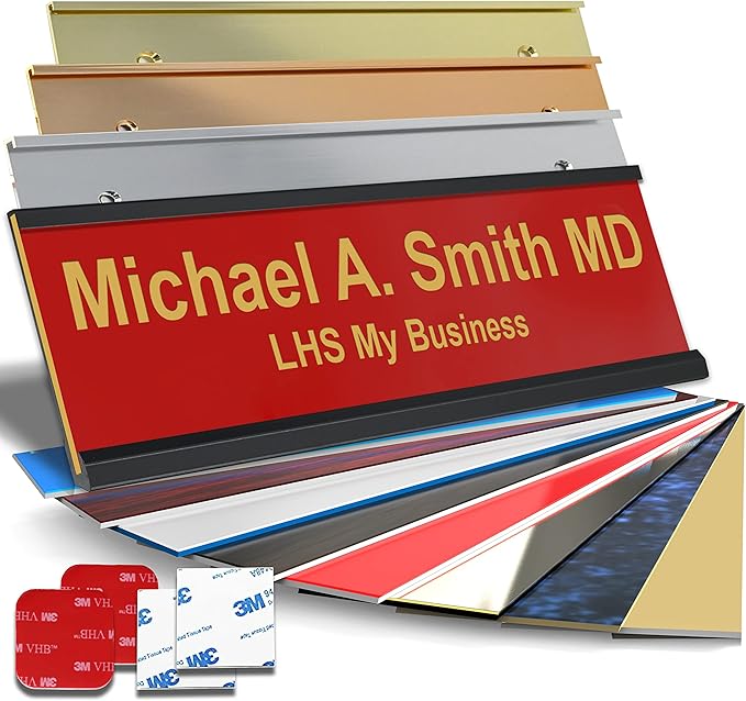 Personalized Name Plate with Choice of Mounting Holders for Walls, Doors, Cubicles, Hanging and More - Custom Red Plastic Gold Letters - USA Made 2x10 - B17