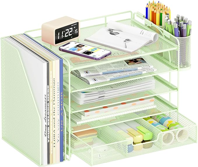 OPNICE Desk Organizer, 5-Tier Paper File Organizer with Drawer & Pen Holder, Office Desk Accessories, Workspace Desktop Organizer for Office Supplies(Green)