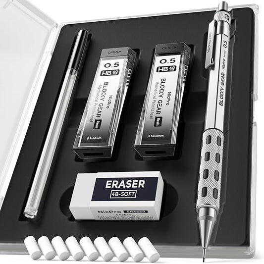 Nicpro Blocky Gear 0.5 mm Mechanical Pencil Set in Case, Metal Pencil with Lead Refills, Eraser for Professional & Adult Art Writing Drafting Drawing