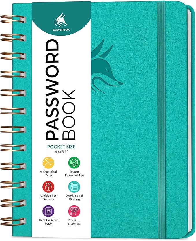 Clever Fox Password Book Spiral – Mini Internet Address & Password Organizer with Laminated Alphabetical Tabs – Small Password Keeper Journal – Hardcover, Pocket Size, 4.7x5.7” (Turquoise)