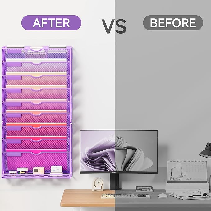 Lavatino Hanging Wall File Folders Organizer - 10-Tier Purple Metal Mesh Paper Magazine Document Mail Holder File Organizer for Office School Home Wall Mount or Desk Supplies Organization
