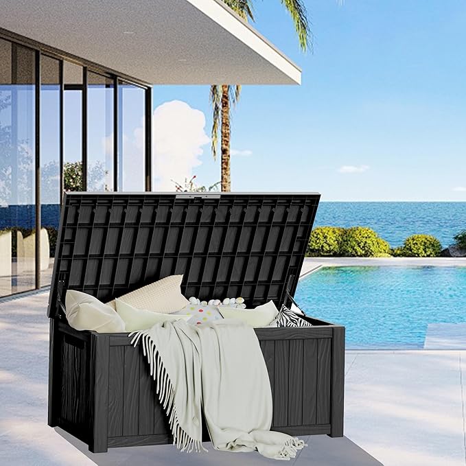 Yardgrace Extra-Large 150 Gallon Outdoor Chest Storage Waterproof - Outside Storage Box & Bench, Resin Deck Chest for Patio/Pool, Lockable UV-Resistant, Onyx Black
