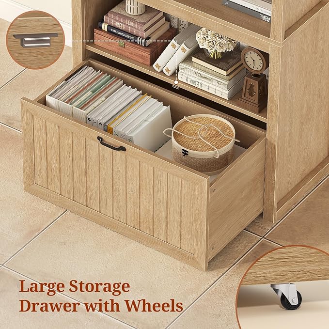 81" Tall Arched Cabinets,Bookcase with Drawer storage,Mid-Century Modern 5-Tier Bookshelf,2 Book Risers and Adjustable Shelves offering more storage space for Living Room,Kitchen,Home Office,Oak