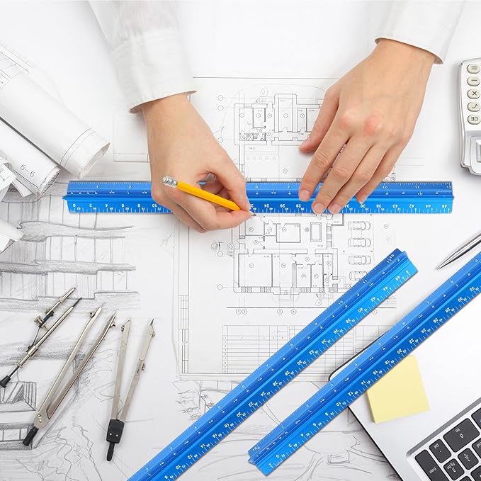 Macarrie 10 Pcs Architectural Scale Triangular Ruler 12" Architect Engineers Scale Ruler Set Aluminum Metal Ruler with Imperial Measurements for Architect Student Draftsman Engineer (Blue)