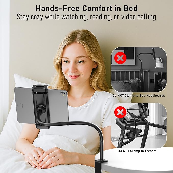 TeQable Tablet Stand for Desk, Gooseneck iPad Holder Clamp Mount, 360° Adjustable Arm Mount for iPad Pro/Air/Mini, Kindle Fire, Galaxy Tabs, 4.7"-13.5" Tablets, for Kitchen, Work, Video Call, Bed