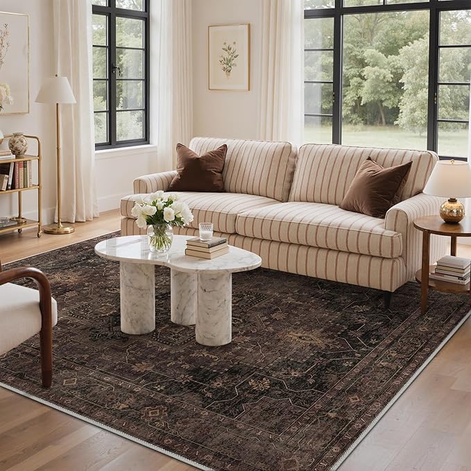GENIMO 5x7 Area Rugs for Living Room, Machine Washable Rug, Non Slip Indoor Vintage Rug, Low Pile Lightweight Chenille Print Carpet for Bedroom Dining Room Home Office, Charcoal Brown