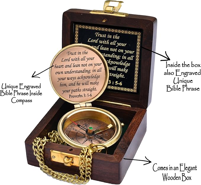 Trust in The Lord With All Your Heart - Proverbs 3:5-6 Quote Engraved Compass With Wooden Box, Greeting Card, Gift Compass, Graduation Day Gifts 2024 for Women Men Boys Girls