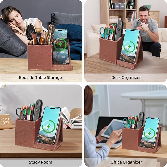 TopMade Wireless Charger with Pen Holder, Multi-functional Desktop Organizer and Storage, Home Office Supplies Desk Accessories, Pencil/Remote Holder with Fast Charging Phone Stand (Brown)