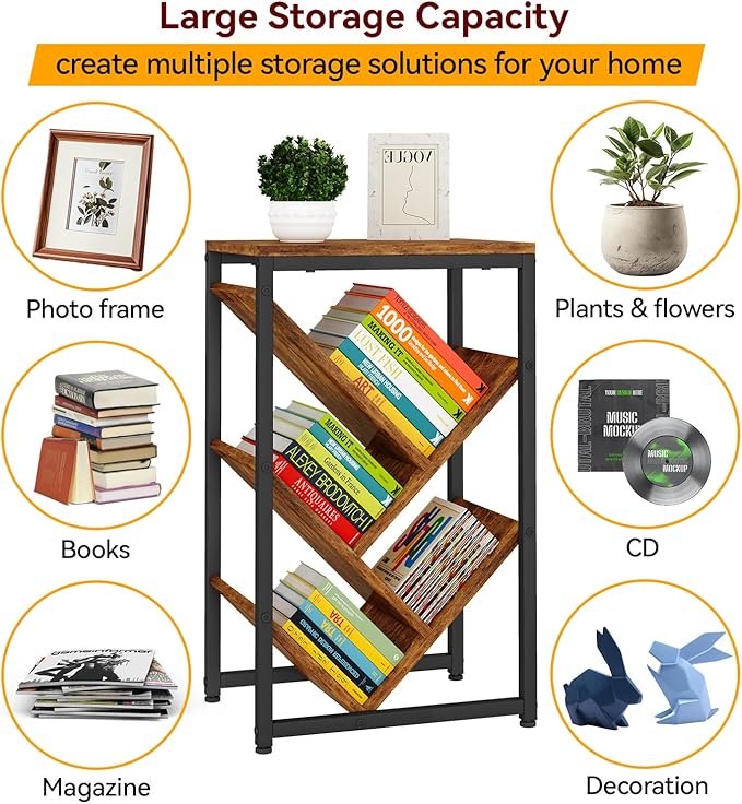 IBUYKE 5 Tier Tree Bookshelf, Small Desktop Bookshelf with Storage Organizer,for Books/CDs/Movies,Desk Display Bookcase for Bedroom Living Room,Rustic Brown,TBC003H