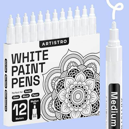 ARTISTRO 12 White Paint Pens for Glass Marking, Rock Painting, Ceramic, Wood, Fabric, Scrapbooking, DIY Craft Making, Coloring - Acrylic Paint Markers Medium Tip 3mm
